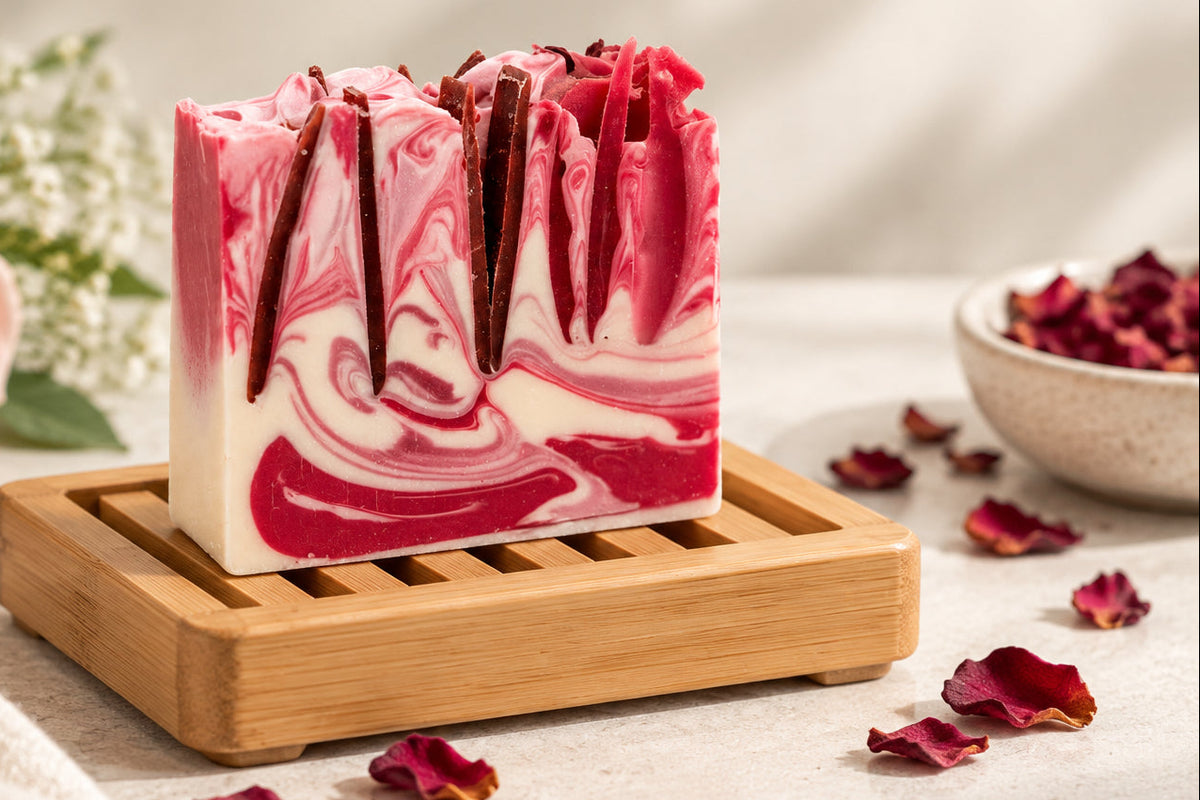 A rectangular bar of marbled soap with swirls of white, pink, and deep magenta, topped with dark red drizzle, styled on a pink surface with dried rose petals and translucent wax melts nearby.
